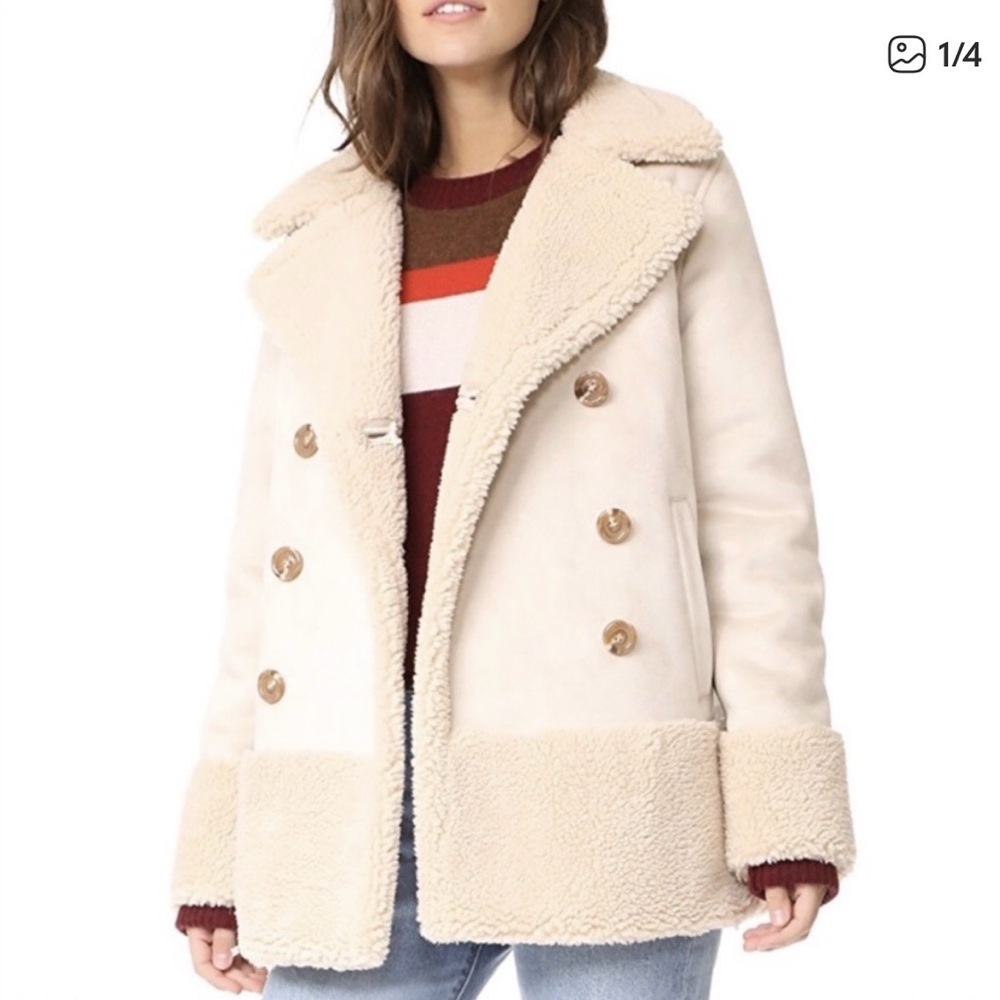 MOTHER Beige Double-Breasted Shearling Suede Sherpa Pea Coat Size Medium